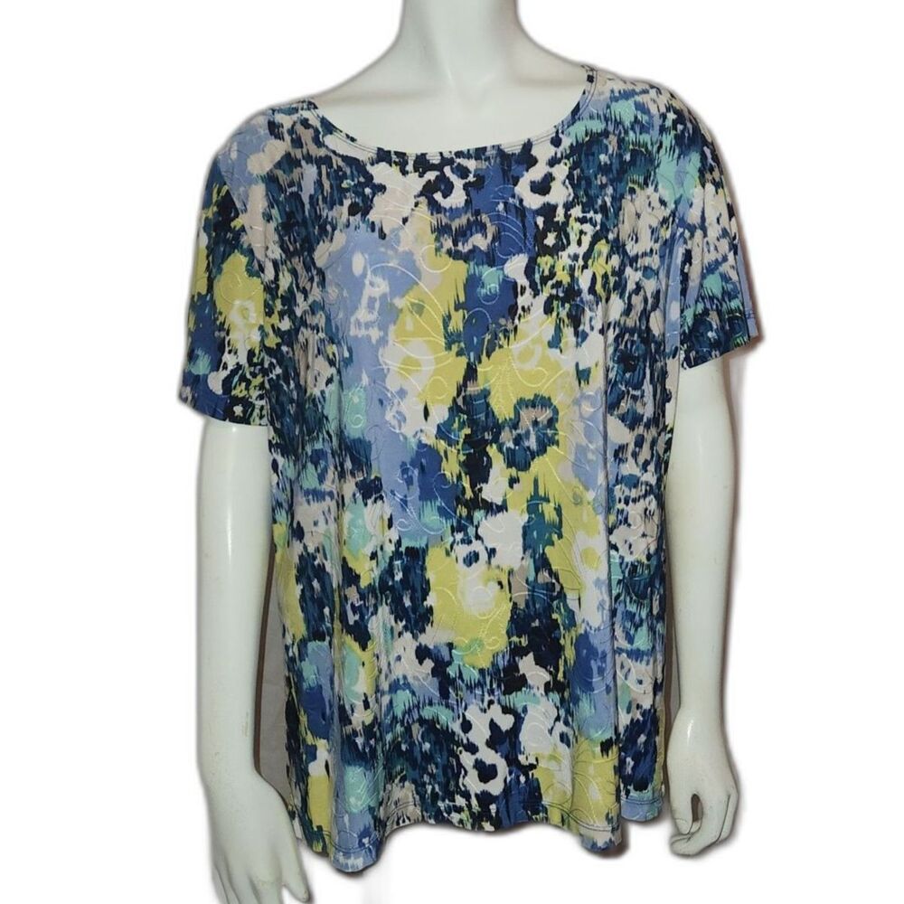 JM Collection Short Sleeve Blouse Top Blue Yellow Floral Print Womens Size XL